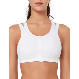 Yvette High Support Sports Bras for Women Double Deck Straps High Impact Mesh Zip Front Sports Bra for Running, White, S+