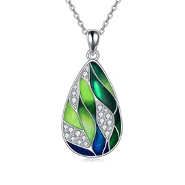 POPLYKE 925 Sterling Silver Green Bamboo Leaf Necklace Enamel Jewellery for Women Green Teardrop Pandent Birthday Gifts