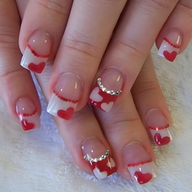 24 Pcs French Tip Press on Nails Short Square Red Heart Fake Nails with Rhinestones Design Valentine's False Nails Full Cover Stick on Nails Valentines Artificial Nails for Women Girl