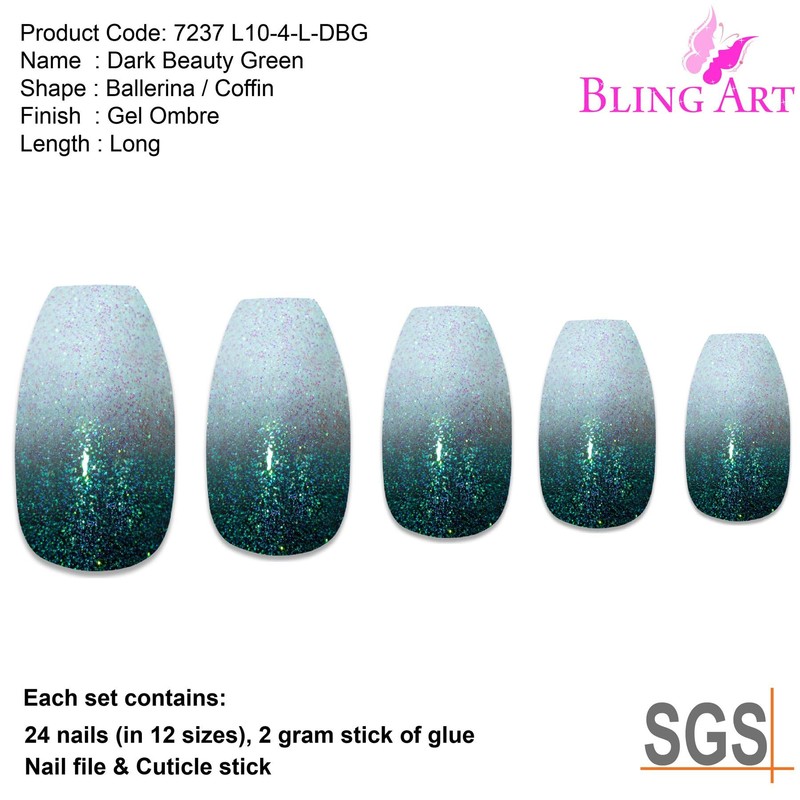 Bling Art False Nails Black Gel Ombre Ballerina Coffin 24
