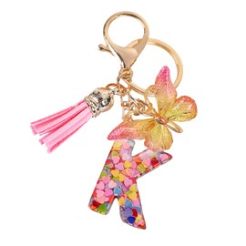 Initial letter Keychains for Women Pink Alphabet letter Tassel Butterfly Heart Keychain for Handbags Backpack Cute Car Keychain for Family Best Friend (Letter k keychain)