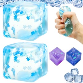Scettar Pack of 2 Anti-Stress Balls, Large Ice Cube Fidget Toys, Crushing Ball, Squishy Cube for Children Adults, Relieve Anxiety and Stress, Comes with 2 Ice Cube Quicksand Ornaments (Blue + Purple)