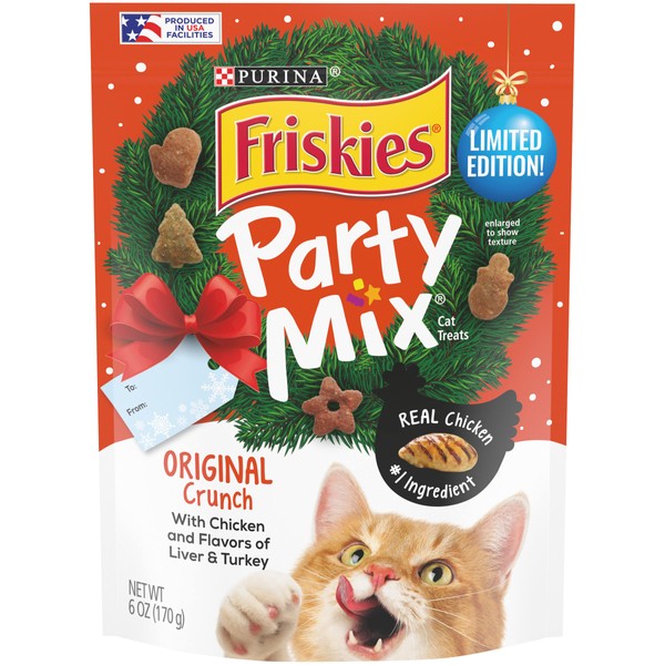 Friskies Party Mix Holiday Cat Treats Original Crunch Holiday Shapes - (6) 6 oz. Pouches