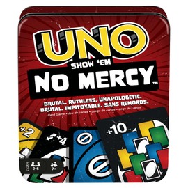 Mattel Games UNO No Mercy Card Game in a Takeaway Storage Tin for Children, Adults and Family Nights with Additional Cards, Special Rules and Harder Penalties, HXT57