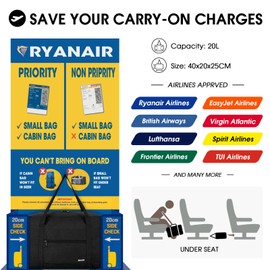 Ryanair Hand Luggage Bag for Aeroplane Travel Bag Small Foldable Hand Luggage 40 x 20 x 25 cm Sports Bag Hospital Bag Weekender Bag WANDF, denim black 20l, Sporty