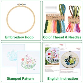 Embroidery Starter Kit with Pattern and Instructions, 2 Sets Complete Embroidery Kit for Beginners, Cross Stitch Kit with Embroidery Hoop, Color Thread Tools