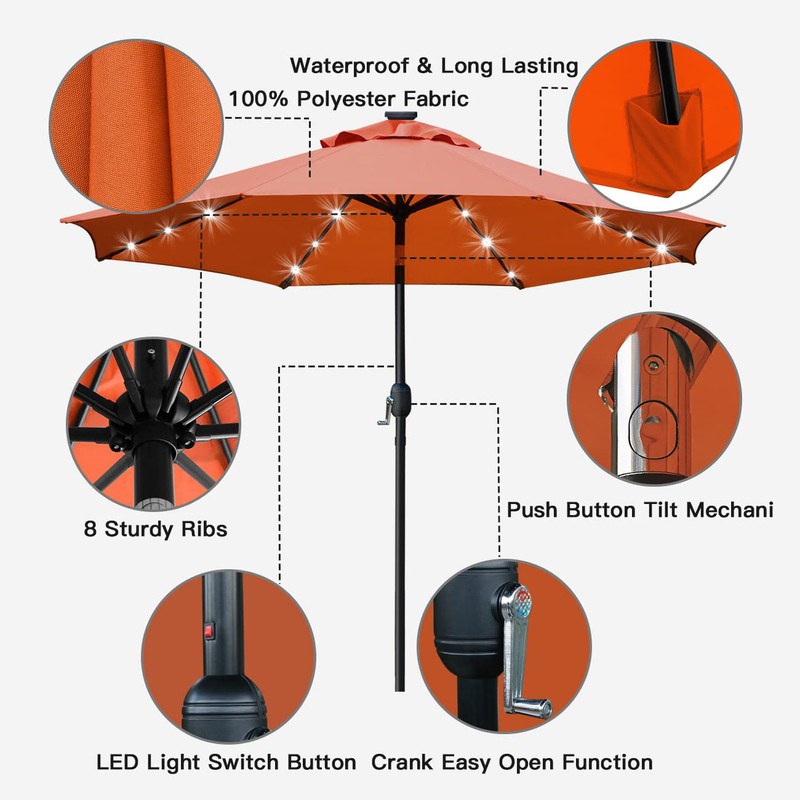 Sunnyglade 9' Solar LED Lighted Patio Umbrella with 8 Ribs/Tilt