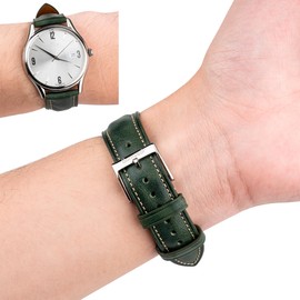 Gomvadr Quick Release Leather Watch Band, Two Tone Oil-tanned Leather Watch Straps 18mm 19mm 20mm 21mm 22mm Replacement Watch Belt for Men Women, Green with Silver Buckle, 20mm