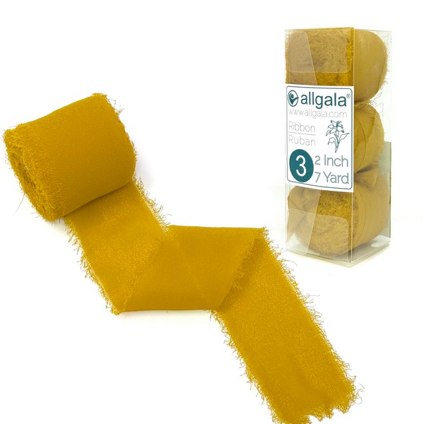 Allgala 3 Roll 2"x7yd Gold Color Handmade Rustic Fringe Frayed