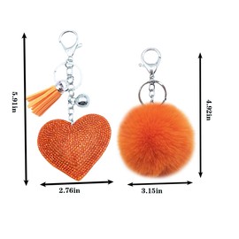 Xsclpomddy Künstliche Kaninchenhaar Pom Pom Schlüsselanhänger Glitzer Kristallstrass Liebesherz Taschen Koffer Rucksäcke Zubehör Charm Auto Schlüsselring,orange