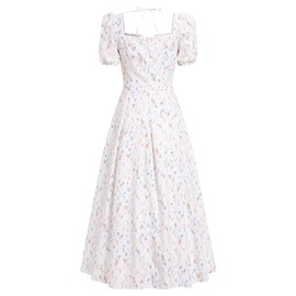 ABEHIK Summer Dresses for Women 2024 Floral Corset Dress Short Puff Sleeve Boho Flowy Slit Bustier Midi Dresses A Line Casual Beach Homecoming Wedding Guest Party Sundress White M