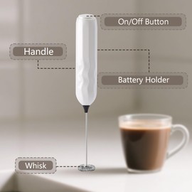 RAYONNER Milk Frother Handheld, Fast Powerful Drink Mixer with Stainless Steel Whisk for Coffee, Battery operated (white)
