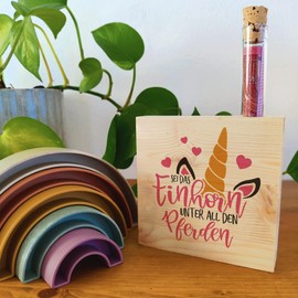 Einhorn Geschenk - Einhorn Holzbild 11x11x2cm zum Hinstellen auf's Regal/Sideboard mit Reagenzglas - Deko Wohnzimmer, Sprüche, Zuhause Dekoration, Sprüche Bilder, Typografie, Einhornbilder