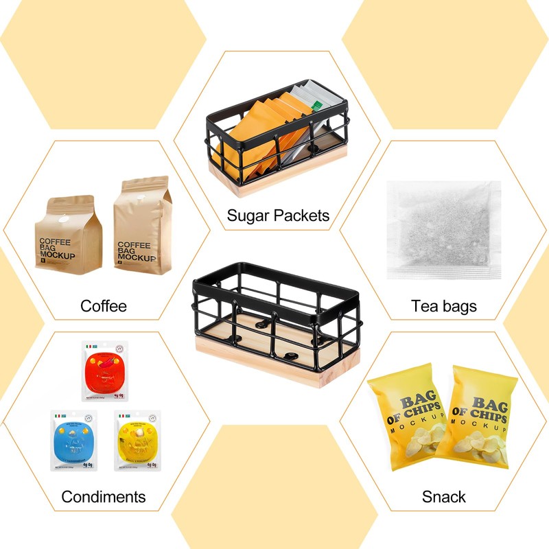 Blulu Sugar Packet Basket Iron Sugar Organizer with Wooden Base