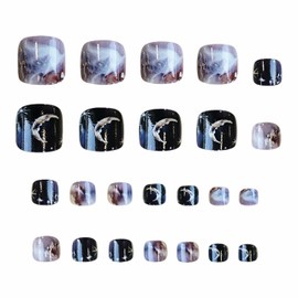 MERVF Press on Toenails for Women Marble Fake Glue ons Toe Nails Moon Star Design Gradient Glitter Acrylic Supplies Glossy DIY Manicure 24pcs