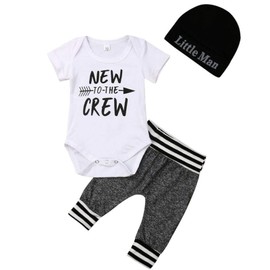 Newborn Baby Boy Clothes to The Crew Print Romper+Pants+Hat 3Pcs Outfits Set (0-6 Months, Short Sleeve)