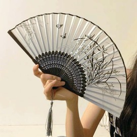 Folding Hand Fan for Women, Chinese Hand Fan Folding with Tassels, Bamboo Handheld Folding Fan, Balck Vintage Chinese Style Folding Hand Fan for Women Girls Dress up Costume Dancing Party Decoration