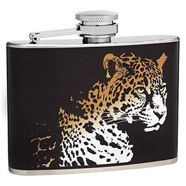 Hip Flask Holding 4 oz - Leopard Face Design - Pocket Size, Stainless Steel, Leak Proof, Screw-On Cap - Black, White and Orange Wrapped Vinyl Finish