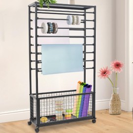 Double-Sided 16-Tier Ribbon Holder Organizer Rack w/4 Lockable Wheels, Ribbon Storage Rack, Multifunctional Flower Wrapping Paper Storage Stand for Craft Rooms (Black, 31.5 * 12.6 * 59.06in)
