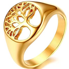 Jude Jewelers Stainless Steel Tree of Life Signet Style Wedding Statement Anniversary Statement Cocktail Party Ring (Gold, 12)