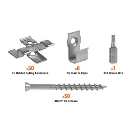 DeckWise Hidden Siding Fasteners for Hardwoods Includes All Stainless Steel; Fasteners, Starter Clips, #8x2 Screws and T15 Drive Bit (50 Pack)
