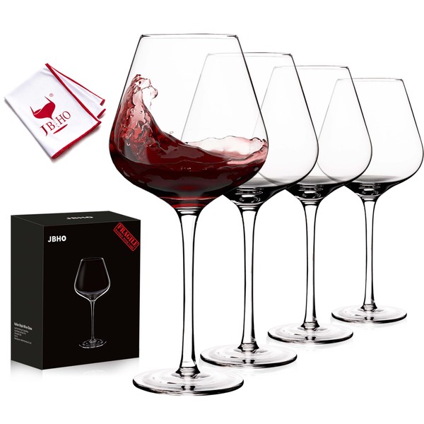 JBHO Set of 4-21 Ounce Hand Blown Italian Style Crystal Burgundy Wine Glasses - Lead-Free Premium Crystal Clear Glass - Gift-Box for any Occasion