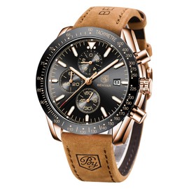 BENYAR Classic Fashion Quartz Chronograph Watch Casual Sport 30M Waterproof Leather Band Mens Watches (Brown-Black)