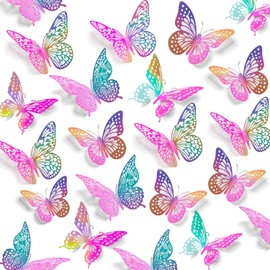 3D Butterfly Wall Stickers, 48 Pcs 3 Styles 3 Sizes, Removable Metallic Wall Sticker Room Mural Decals Decoration for Kids Bedroom Nursery Classroom Party Wedding Decor DIY Gift (Laser Pinkpurple)