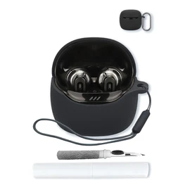 Case for JBL Tune Flex 2-True Wireless Noise Cancelling Earbuds,Soft Protective,Shockproof, BOVUGAC Silicone Case Cover with Keychain & Cleaning Kit & Lanyard-Black