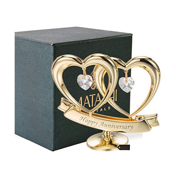 Matashi 24K Gold Plated Happy Anniversary Double Heart Figurine Ornament with Genuine Crystals (Clear Crystal) - Wedding Gift for Couples, for Husband Wife Mother Father, Cake Topper, Romantic Gifts