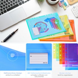 Donken Document Folder A4, Pack of 20 Document Wallets A4 Filing, Folders A4 with 11 Hole Edge, Velcro Closure and Label Pocket, Waterproof Portfolio Folder for Documents Organising (5 Colours)