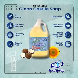 LandLSoap Antibacterial Unscented Pure Castile Soap Liquid for Face, Hand & Body Wash-Vegan, Non-GMO, Made in USA, Liquid Castile Soap, All Skin Types, Dry & Sensitive Skin (1 Gallon)