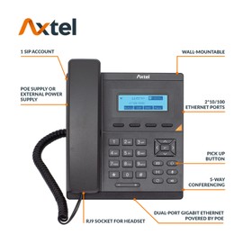 Axtel AX-200 IP Phone - 1 SIP Accounts, 5-Way Audio Conference Bridge, Dual 10/100 PoE Ethernet, Big Graphical Display with Backlight, Crystal Clear Sound, Wall-mountable - Black