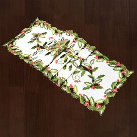 Grelucgo Embroidered Holly Leaves and Berries Table Runner for Christmas Holidays (14x70 Inches)