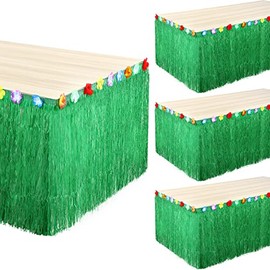 4 Pack Luau Grass Table Skirt Hawaiian Hibiscus Luau Table Skirt 9 Feet x 29 Inches Raffia Fringe Skirt Long Grass Skirt for Tiki Tropical Themed Birthday Luau Party Supplies Decorations (Green)