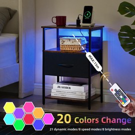 Somdot Black Nightstand Set of 2 with Charging Station and LED Light for Bedroom, Bedside Table End Table for Dorm Guest Room Bedside Kids Laundry Closet Entryway Hallway, Black Rustic Brown