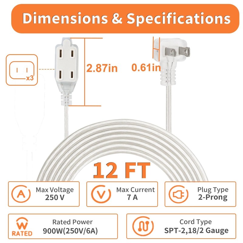 Zlierop 12 FT Clear Extension Cord, 3 Outlet Extension Cords