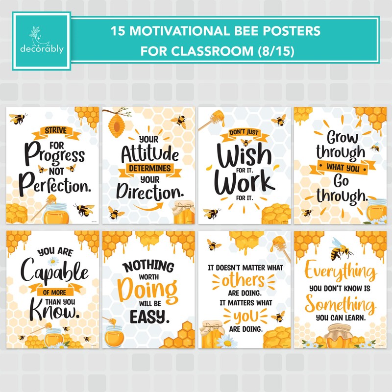 Decorably 15 Motivational Bee Posters for Classroom, 11x14in Matte-Laminated Inspirational