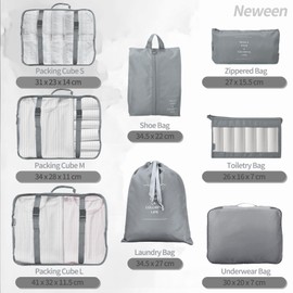 Neween 8 Set Packing Cubes, Travel Storage Bags Multifunctional Clothing Sorting Packages, Travel Packing Pouches, Luggage Organizer Pouch, Shoe Bags (Grey)