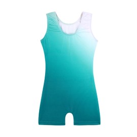 HOZIY Gymnastics Leotards for Girls with Shorts Size 8-9 Years Biketard Aqua Blue White Ombre Ribbons Diamond Rhinestones Sparkly