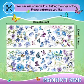 2 Sheets Flowers Butterflies Wall Decals Chrysanthemums Sunflowers Botanical Wall Stickers Fairy Decals PVC Removable Wall Art Decals for Girls Bedroom Nursery Decor (Blue Flower)