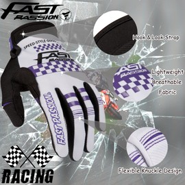 Fast passion Motorcycle Gloves for Men Women,Full Finger Mountain Dirt Bike Gloves,Motocross Gloves Anti-Slip MX MTB ATV BMX Road Racing,Biking,Riding Cycling Gloves (White/Purple02, L)