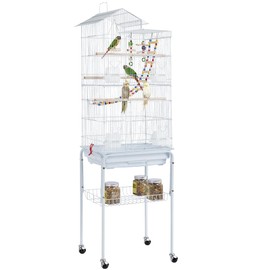 Yaheetech 62.5-inch Roof Top Flight Bird Cage for Parakeets Cockatiels Conures Finches Lovebirds Canaries Budgies Small Parrots, Large Birdcage with Detachable Rolling Stand, White