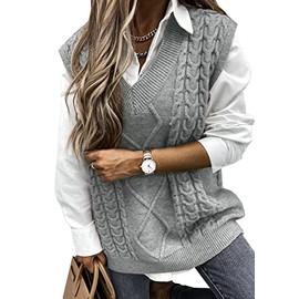 Sweezarmo Womens V Neck knitted sweater vest Solid Color Oversized Grey Vest Casual Sleeveless Pullover Sweater for Women Grey Large