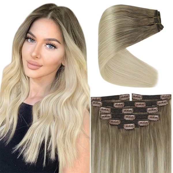 Ve Sunny Clip in Hair Extensions Ombre Hair Clip in Extensions Light Brown to Platinum Blonde Real Human Hair Clip in Extensions Ombre Blonde Human Hair Extensions Clip ins 18inch 7pcs 120g