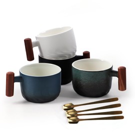 Koyocaarr 4 Pcs Ceramic Coffee Tea Mugs,4.5oz Espresso Cups with Wooden Handle, Vintage Coffee Mugs Set for Tea/Latte/Cappuccino/Milk Perfect Gifts for Men Women Friends