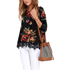 QIXING Women's Tops Floral Printed Tunic Long Sleeve Lace Trim Shirts Blouse FP Brown Black-Small