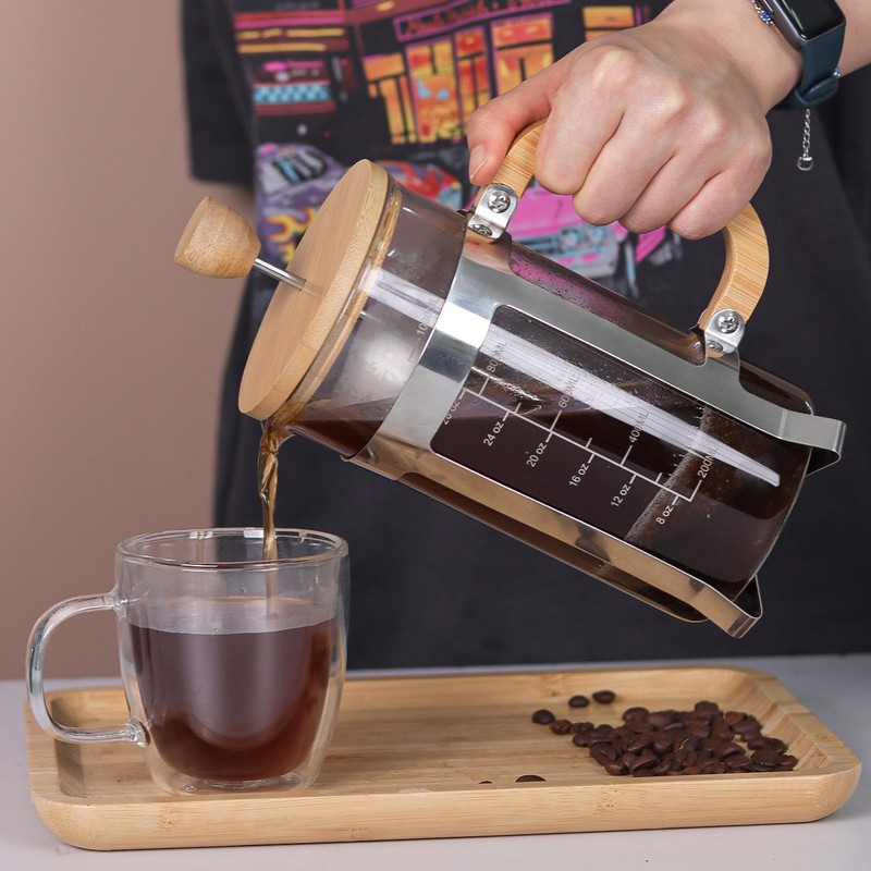 Sivaphe 34 OZ Bamboo French Press Stainless Steel High Borosilicate
