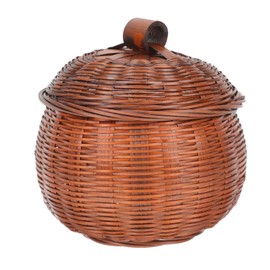 PATKAW Rattan Storage Basket Pumpkin Shape Round Rattan Boxes with Lid Wicker Egg Basket Desktop Organizer Bin Caddy Container for Food Bread Snack Fruit