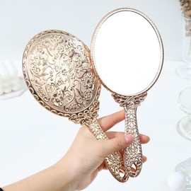 Hand Mirror Vintage Handheld Mirror with Handle Vanity Makeup Mirror Travel Mirrors (Rose Gold, Carved) - Color: Black, Size: 9.5"L x 4.4"W